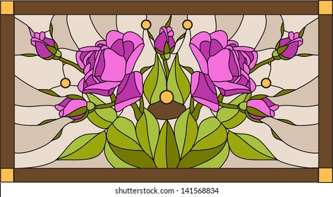 Vector composition with the queen of flowers rose / stained glass window, door and ceiling