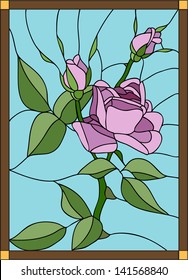 Vector composition with the queen of flowers rose / stained glass window, door and ceiling