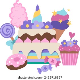 Vektorkomposition mit regenbogenfarbenen Süßigkeiten. Kuchen, Eis, Lollypop, Baumwollkerzen, Donuts, Cupcakes mit Einhornhorn, Sterne und Flügel. Magisches Märchendessertdesign
