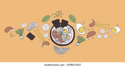 Vector composition with ramen and ingredients. Food illustrations.