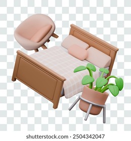 Composición de Vector de muebles de dormitorio realistas. Cama doble con ropa de cama, sillón, planta de casa