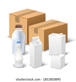 Vector composition of realistic milk packaging templates on white background. White creative milk paper, glass and plastic packaging design.