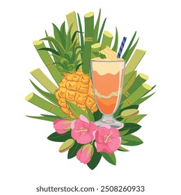 Vector composition with refreshing cocktail, pineapple and tropical flowers. Ice cream illustration for beach bar menu. Cruise vacation, summer holidays, party, cafe, vacation.
