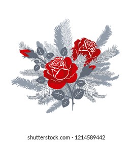 
Vector composition of roses and fir branches with cones. Sketch bouquet isolated on white background. Floral template in vintage style.