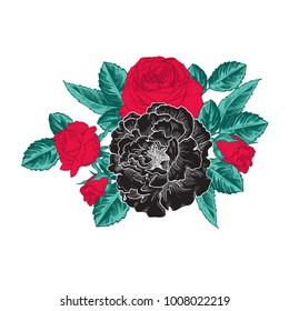 Vector composition of roses in vintage style. Hand drawing art. Element of decor.