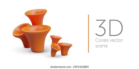 Vector composition, scene from underwater world. 3D coral tubes of different sizes. Seabed landscape. Orange ocean creatures. Color concept on white background