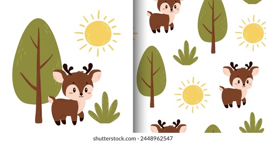 Vector composition and seamless pattern with deer