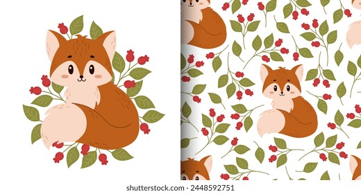 Vector composition and seamless pattern with fox