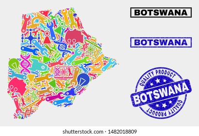 Vector composition of service Botswana map and blue watermark for quality product. Botswana map collage made with tools, spanners, industry icons.
