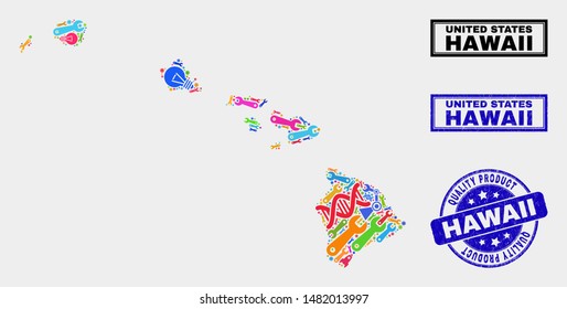 Vector composition of service Hawaii State map and blue stamp for quality product. Hawaii State map collage formed with equipment, spanners, science icons.