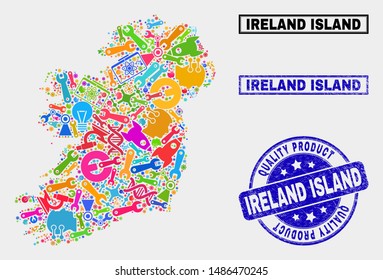 Vector composition of service Ireland Island map and blue seal for quality product. Ireland Island map collage made with tools, wrenches, production icons.