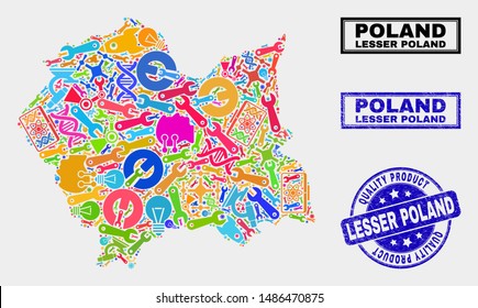 Vector composition of service Lesser Poland Voivodeship map and blue watermark for quality product. Lesser Poland Voivodeship map collage composed with equipment, spanners, science icons.