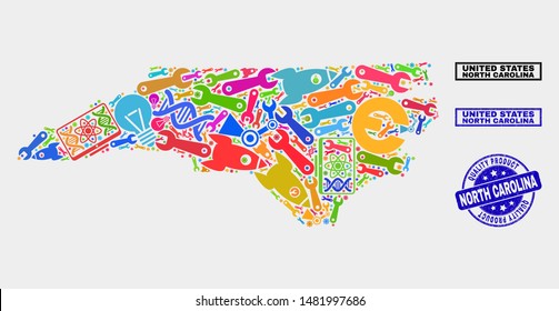 Vector composition of service North Carolina State map and blue seal for quality product. North Carolina State map collage made with tools, wrenches, production symbols.