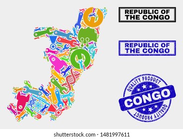 Vector composition of service Republic of the Congo map and blue seal stamp for quality product. Republic of the Congo map collage formed with equipment, wrenches, production icons.