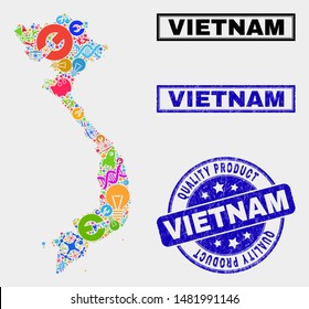 Vector composition of service Vietnam map and blue watermark for quality product. Vietnam map collage formed with equipment, wrenches, industry icons.