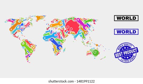 Vector composition of service world map and blue stamp for quality product. World map collage made with tools, spanners, science icons. Vector abstract collage of world map for service business,