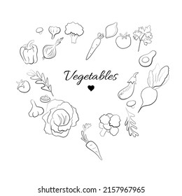 Vector composition, a set of vegetables drawn with a black stroke on a white background