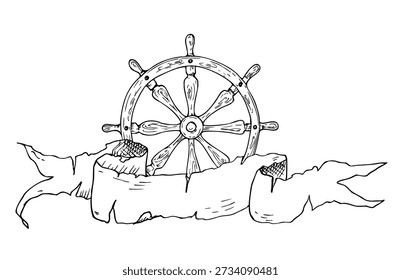 Vector composition with ship's wheel helme behind old scroll paper. Hand painted linear nautical illustration. Graphic monochrome sketch isolated on background. For designers, prints, logo, icon, menu