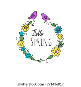 
Vector composition. Singing birds are sitting on a branch. Hello spring. Bright template for the title. Isolated illustration