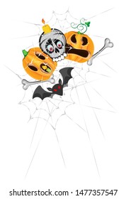 Vector composition of a skull surrounded by two Pumpkin Jacks and a bat with a cobweb. Transparent background