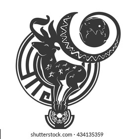 Vector composition of solar deer with a globe in the horns and rock drawings on the body. Altay culture illustration.