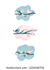 Vector composition with spring birds and trees in blossom for greeting cards and invitations.