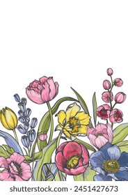 Vector composition of spring flowers, leaves and branches. Different flowers, tulips, anemones and other plants in beautiful floral frame