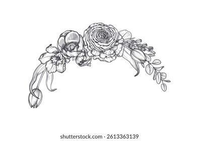 Vector composition of spring flowers, leaves and branches. Different flowers, tulips, anemones and other plants in beautiful bouquet