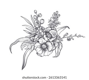 Vector composition of spring flowers, leaves and branches. Different flowers, tulips, anemones and other plants in beautiful bouquet