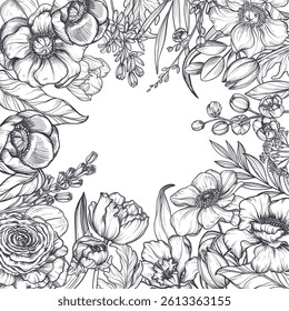 Vector composition of spring flowers, leaves and branches. Different flowers, tulips, anemones and other plants in beautiful floral frame
