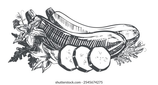 Vector composition with squash. Ripe vegetable, leaves, flowers, pieces in engraving technique. Zucchini sketch in ink on white background. Clipart for farm product design.