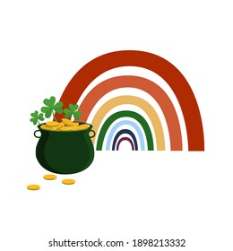 Vector composition for St. Patrick's Day of a pot of gold, rainbows, clover and gold coins on a white background isolated