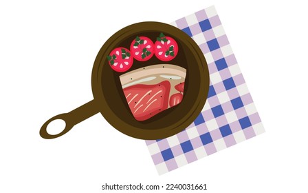 Vector composition with steak and tomatoes. Frying pan. Cutting tomatoes. Vector illustration isolated on white background. 
