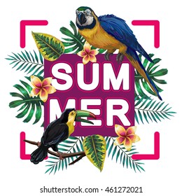 Vector composition. Summer illustration with tropical birds surrounded by exotic plants and flowers. Includes text; suitable for posters, T-shirt, cover designs, etc. EPS8 file.