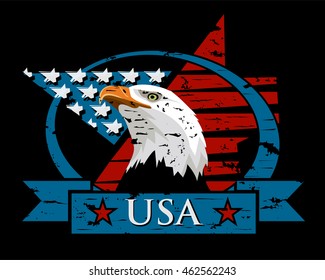 Vector composition with the symbols of the United States. Patriotic label USA on black background.
