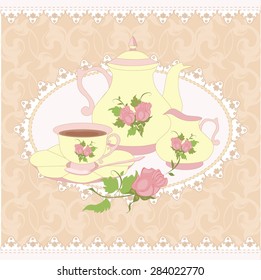 Vector composition teapot, Cup and milk jug in a lace frame. All items are isolated.