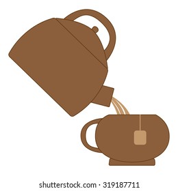 Vector composition. Teapot with a cup of tea and tea bag brewing on an isolated background