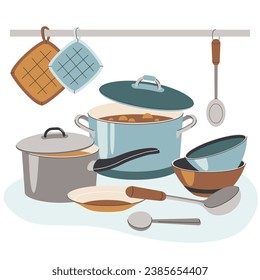 Vector composition of their kitchen items pots and plates. Items for making soup. Flat illstration