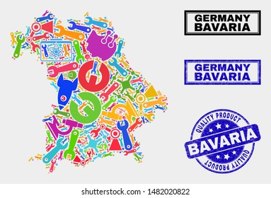 Vector composition of tools Bavaria Land map and blue stamp for quality product. Bavaria Land map collage formed with tools, wrenches, production symbols.