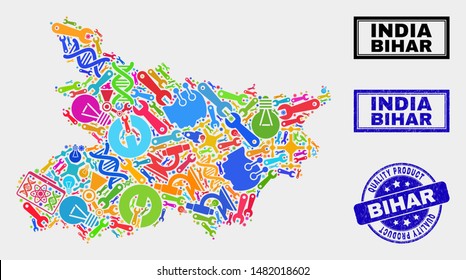 Vector composition of tools Bihar State map and blue stamp for quality product. Bihar State map collage made with tools, wrenches, industry symbols.