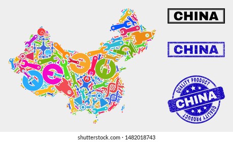 Vector composition of tools China map and blue seal for quality product. China map collage designed with tools, spanners, production symbols. Vector abstract collage of China map for service business,