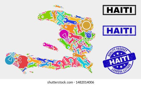 Vector composition of tools Haiti map and blue stamp for quality product. Haiti map collage formed with tools, spanners, industry icons. Vector abstract collage of Haiti map for service business,