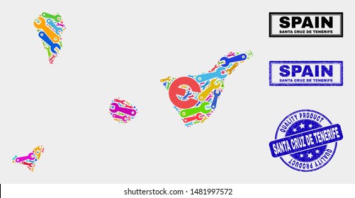 Vector composition of tools Santa Cruz de Tenerife Province map and blue stamp for quality product. Santa Cruz de Tenerife Province map collage designed with tools, spanners, science icons.
