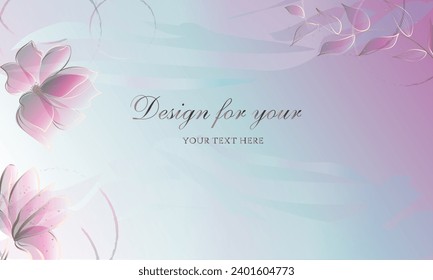 Composición vectorial de flores rosa transparentes y ramas vegetales sobre un delicado fondo azul y rosa. Esquema de oro. Para su uso en banners, obras de arte, estampados y telas. Fondo de la tarjeta, marca, 