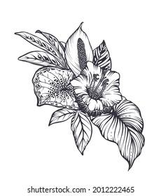 Vector composition with tropical flowers, hummingbird, jungle palm, exotic leaves. Black and white hand drawn nature floral illustration