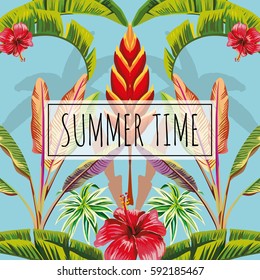 Vector composition of tropical palm leaves and hibiscus flowers. The slogan summer time on a blue background wallpaper