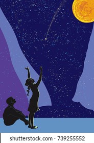 Vector composition with two children looking at starry sky by the window