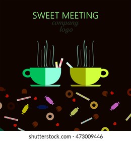 Vector composition of two cups of different colors with sweet and candy sticks and bagels and hearts under them on a dark background with space for a company logo and the phrase sweet meeting.