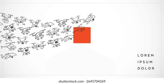 Vector composition of various hand-drawn doodle drones flying across the frame with one highlighted over a red square accent on white background.