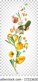 Vector composition of vegetables. Fresh salad recipe, vegetarian healthy food. 3d realistic chopped paprika, cucumbers, green onions, carrots, onions, parsley.